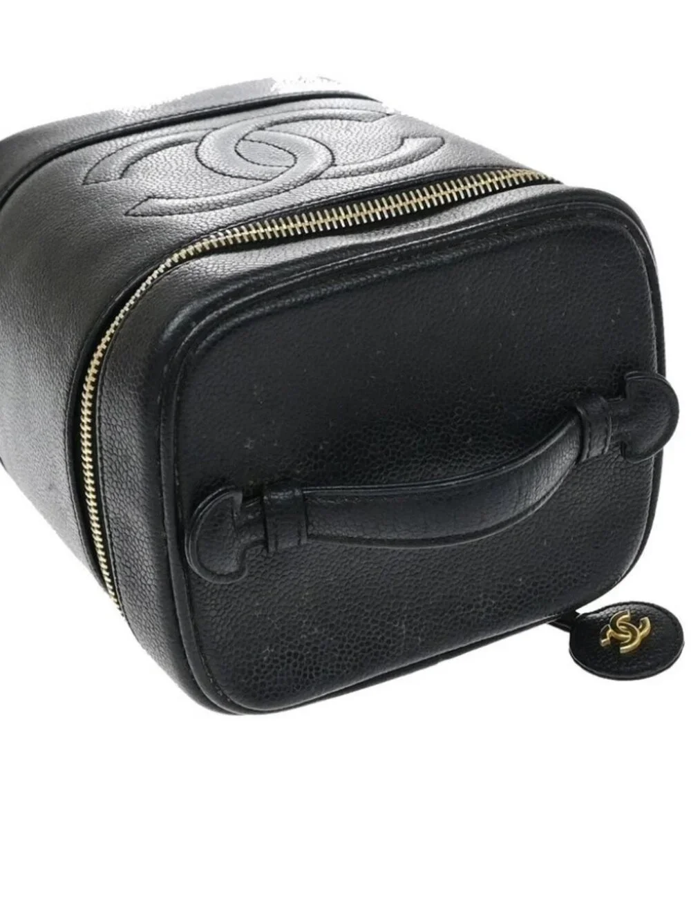 CHANEL Vanity Cosmetic Hand Bag Grained Calfskin Leather Black Vintage